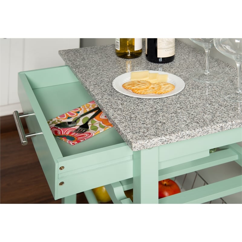 Linon Natalie Granite Top Rolling Kitchen Storage Island in Green Wood