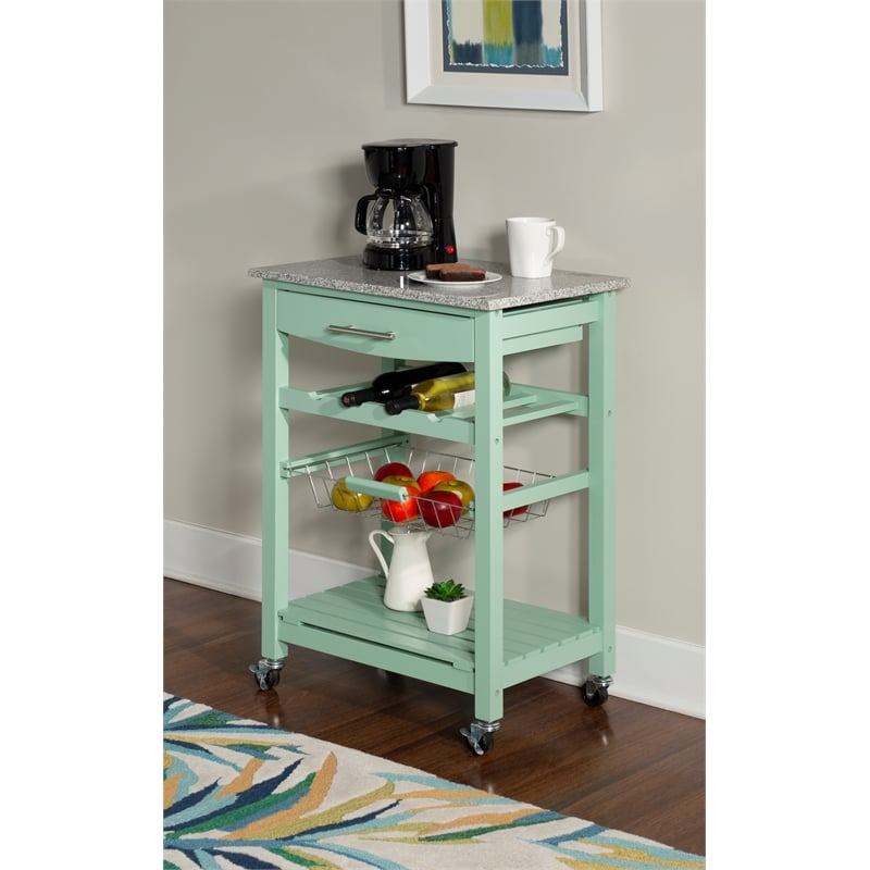 Linon Natalie Granite Top Rolling Kitchen Storage Island in Green Wood