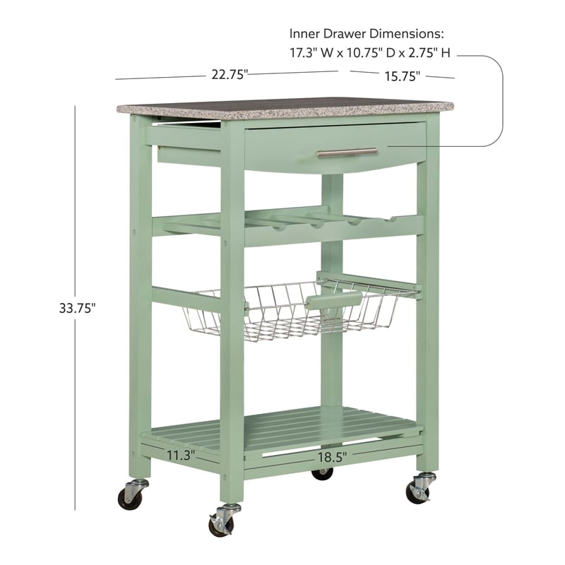 Linon Natalie Granite Top Rolling Kitchen Storage Island in Green Wood