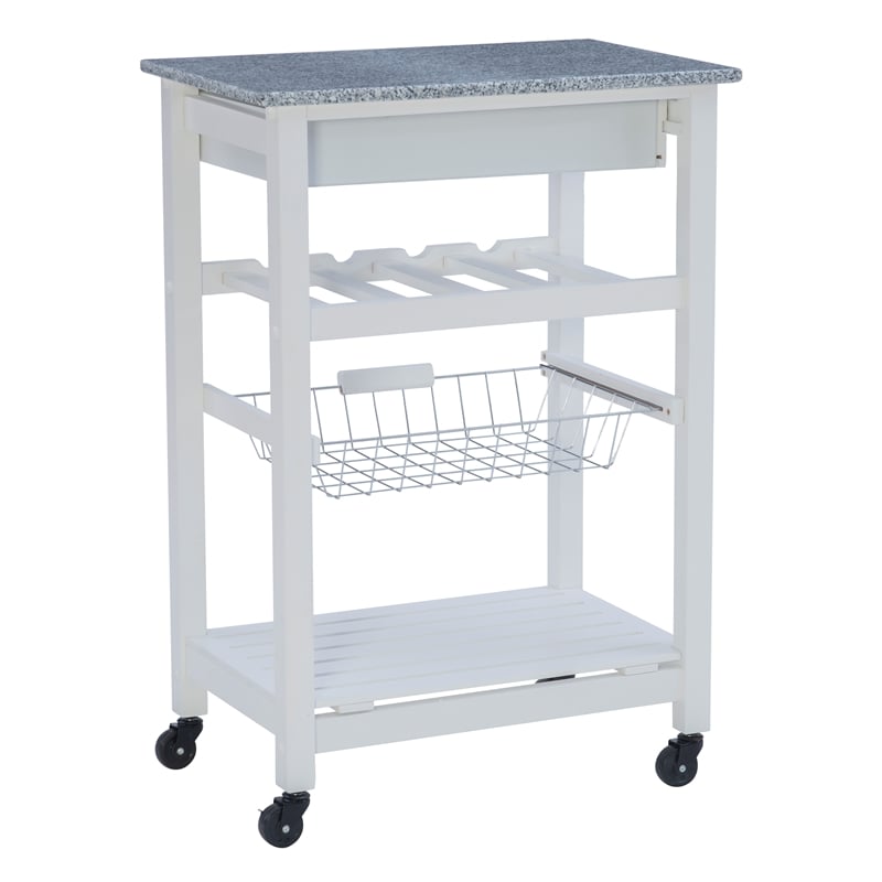 Linon Natalie Granite Top Rolling Kitchen Storage Island in White Wood