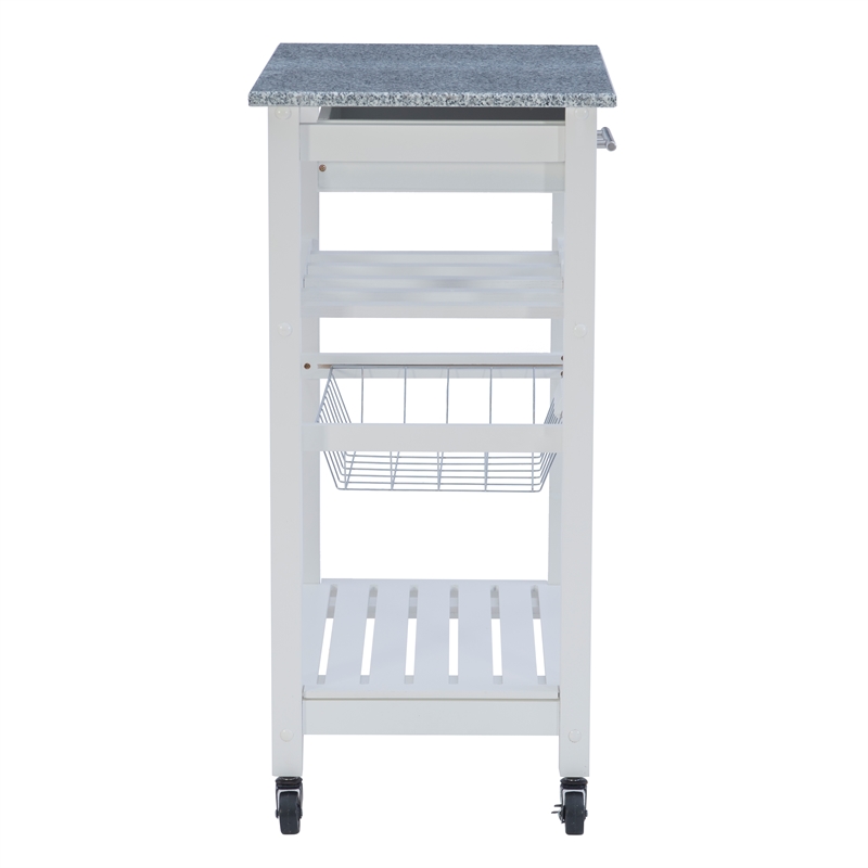 Linon Natalie Granite Top Rolling Kitchen Storage Island in White Wood