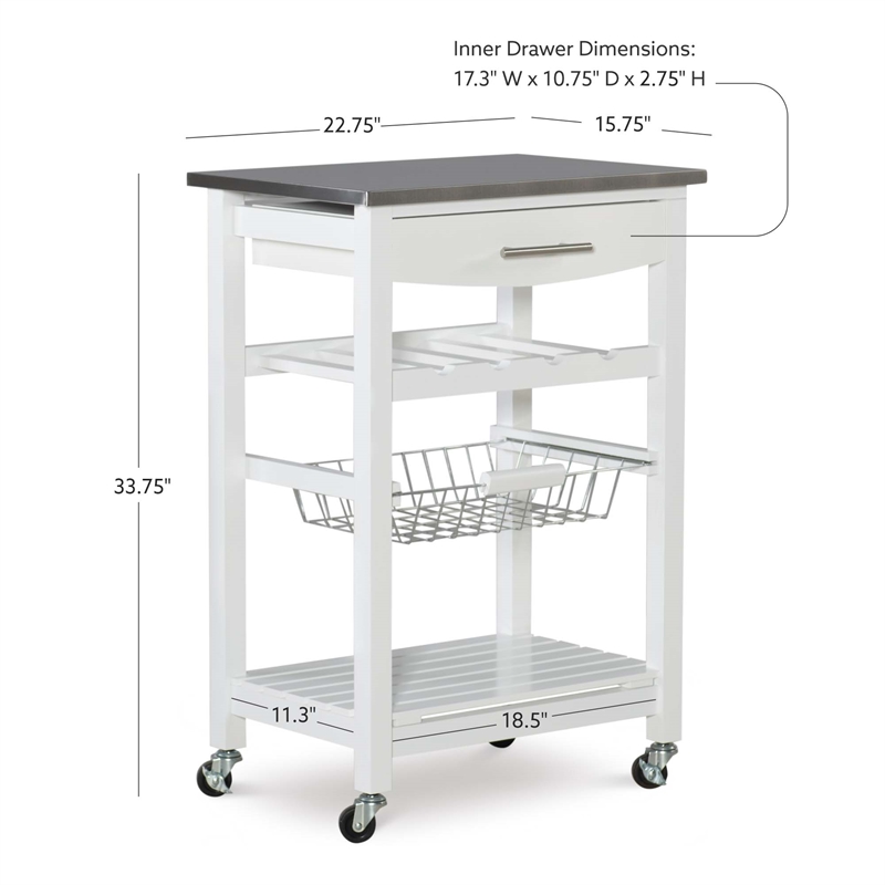 Linon Natalie Stainless Steel Top Rolling Kitchen Storage Cart in White Wood