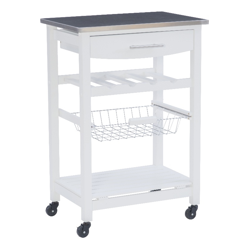 Linon Natalie Stainless Steel Top Rolling Kitchen Storage Cart in White Wood
