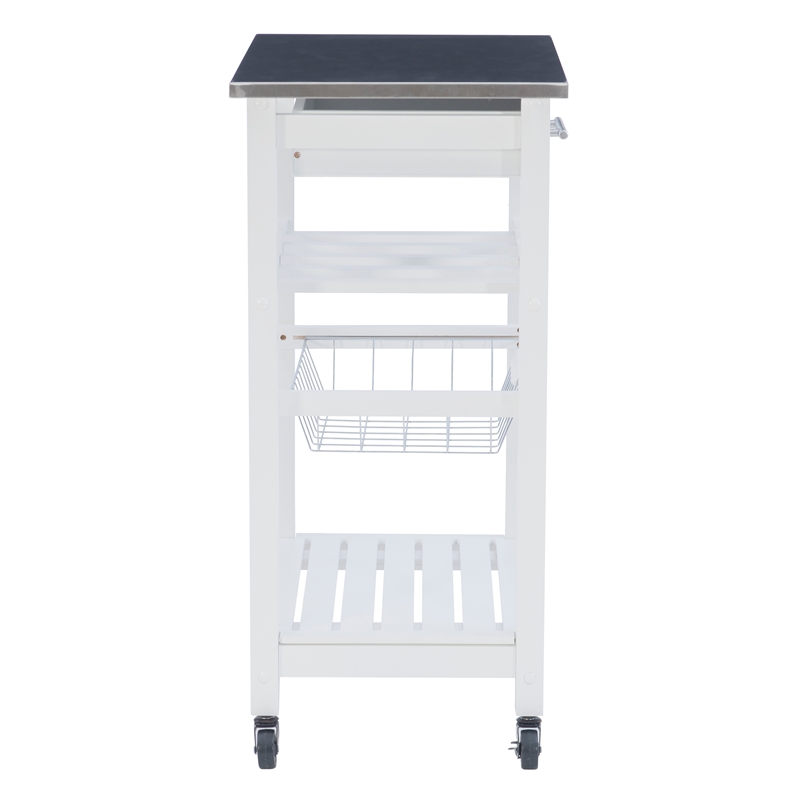 Linon Natalie Stainless Steel Top Rolling Kitchen Storage Cart in White Wood