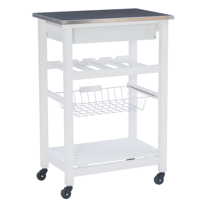 Linon Natalie Stainless Steel Top Rolling Kitchen Storage Cart in White Wood