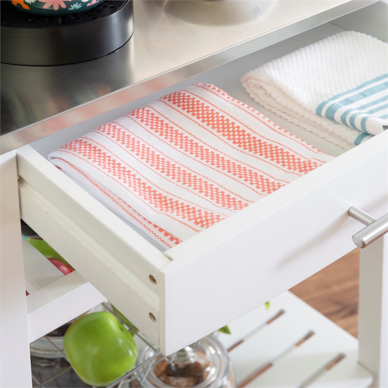 Linon Natalie Stainless Steel Top Rolling Kitchen Storage Cart in White Wood