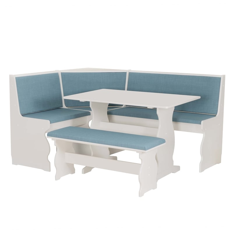 Linon Natasha Corner Nook Dining Set Blue Fabric Upholstered Seats in White Wood