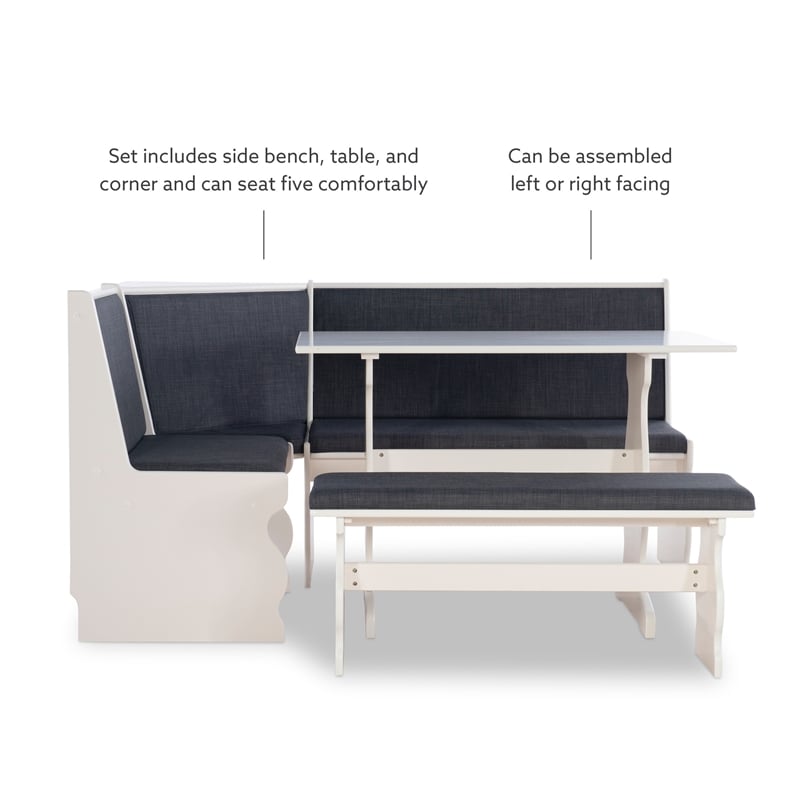 Linon Natasha Corner Nook Dining Set Charcoal Gray Fabric Seats in White Wood