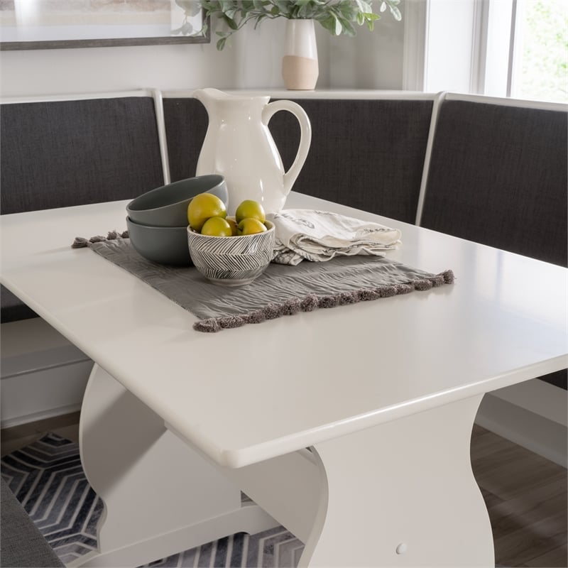 Linon Natasha Corner Nook Dining Set Charcoal Gray Fabric Seats in White Wood