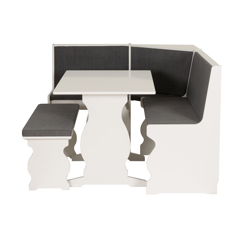 Linon Natasha Corner Nook Dining Set Charcoal Gray Fabric Seats in White Wood