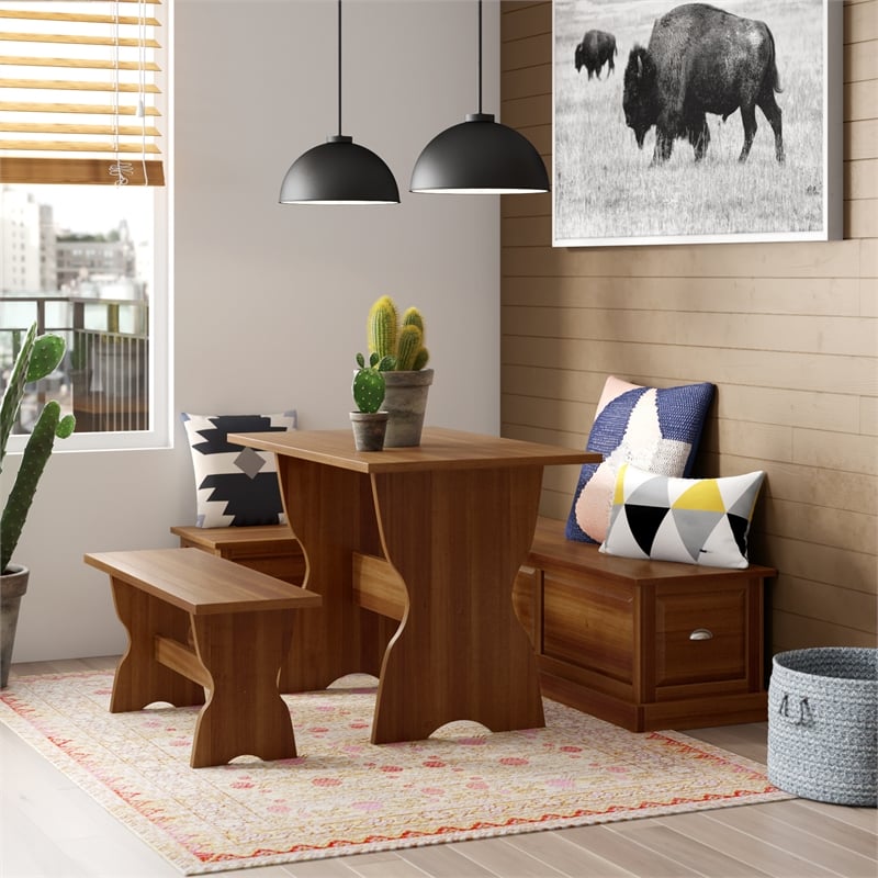 Linon Montery Backless 3 Piece Dining Nook with Storage in Walnut Finished Wood