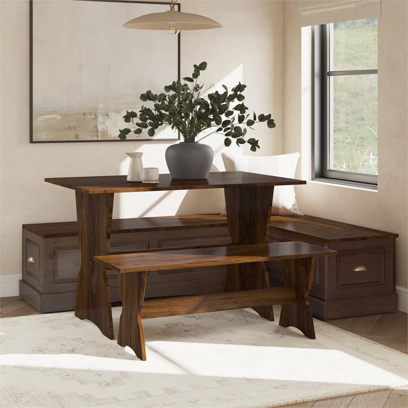 Linon Montery Backless 3 Piece Dining Nook with Storage in Walnut Finished Wood