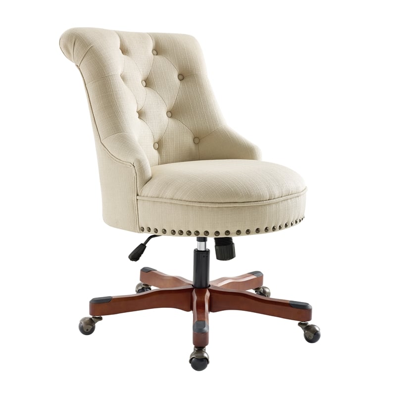 Linon Sinclair Beige Upholstered Adjustable Office Chair in Cherry Wood Base