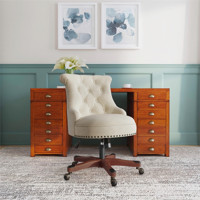 Linon Sinclair Beige Upholstered Adjustable Office Chair in Cherry Wood Base