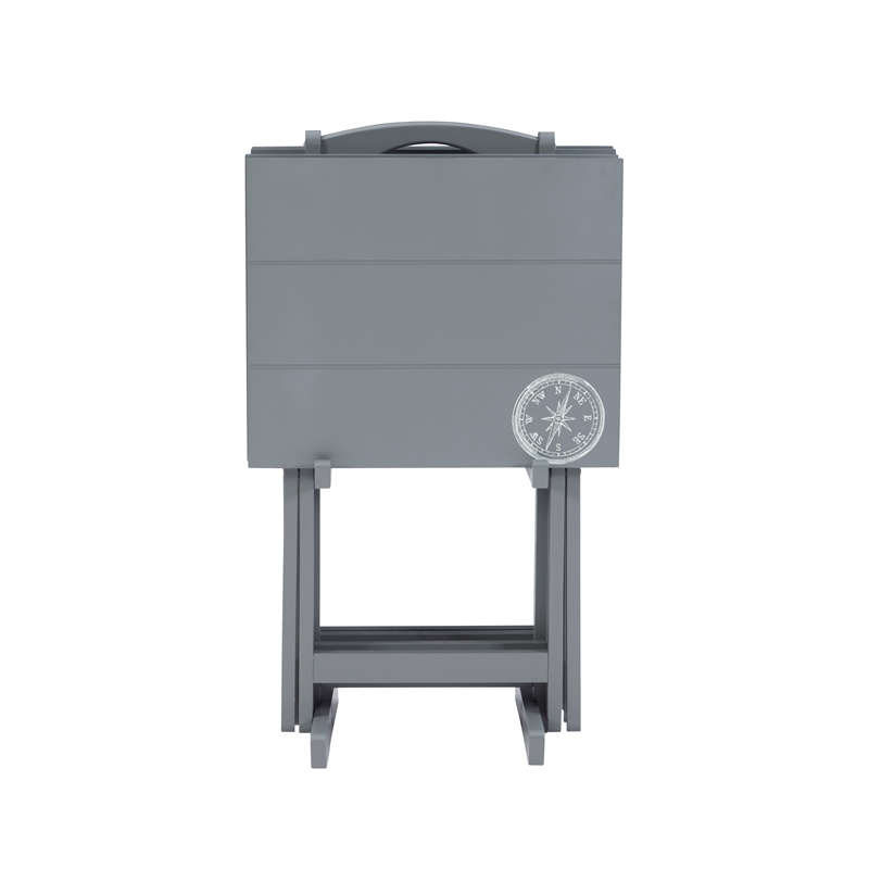 Linon Lorie 5 Piece Tray Table Set Planked Top with Compass Design in Gray Wood