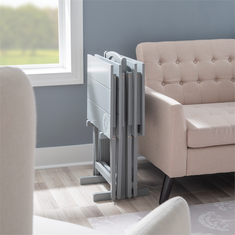 Linon Lorie 5 Piece Tray Table Set Planked Top with Compass Design in Gray Wood