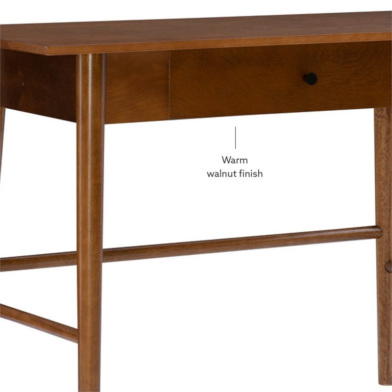 Linon Samantha 1-Drawer Mid-Century Wood Desk with Rounded Legs in Walnut Brown