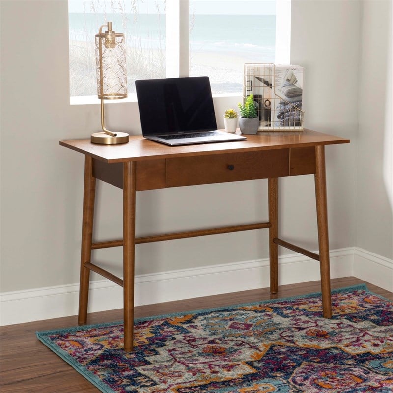 Linon Samantha 1-Drawer Mid-Century Wood Desk with Rounded Legs in Walnut Brown