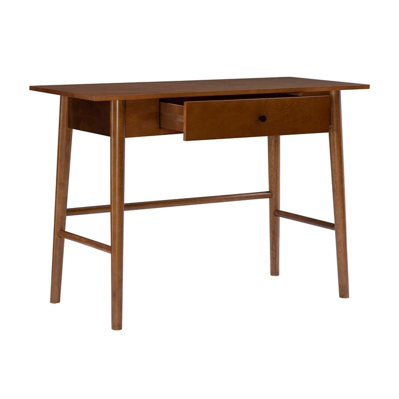 Linon Samantha 1-Drawer Mid-Century Wood Desk with Rounded Legs in Walnut Brown
