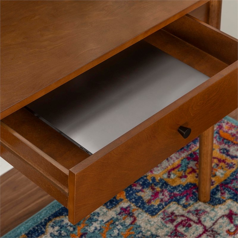 Linon Samantha 1-Drawer Mid-Century Wood Desk with Rounded Legs in Walnut Brown