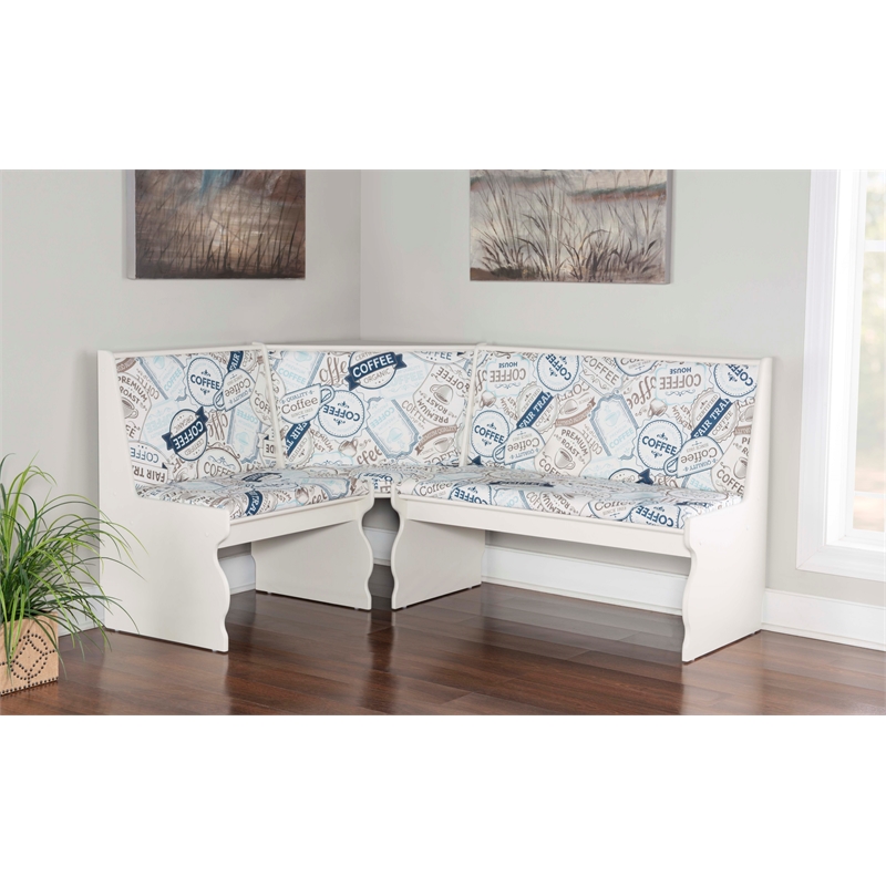 Linon Natasha Upholstered Corner Nook Dining Set in White Wood/Coffee Print