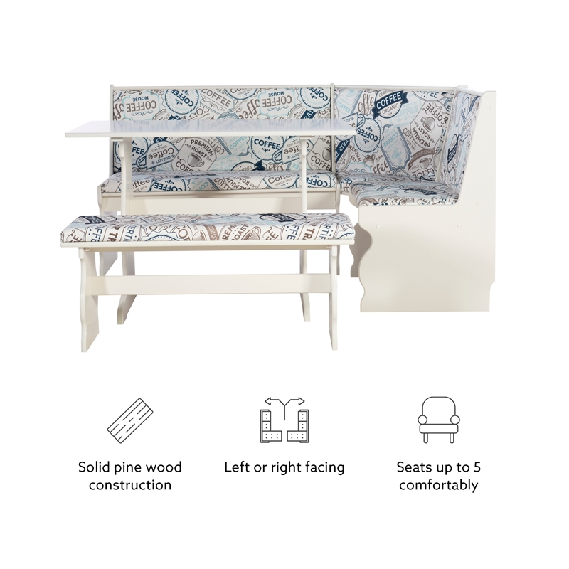 Linon Natasha Upholstered Corner Nook Dining Set in White Wood/Coffee Print