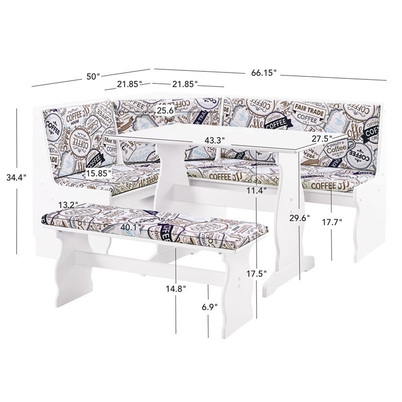 Linon Natasha Upholstered Corner Nook Dining Set in White Wood/Coffee Print