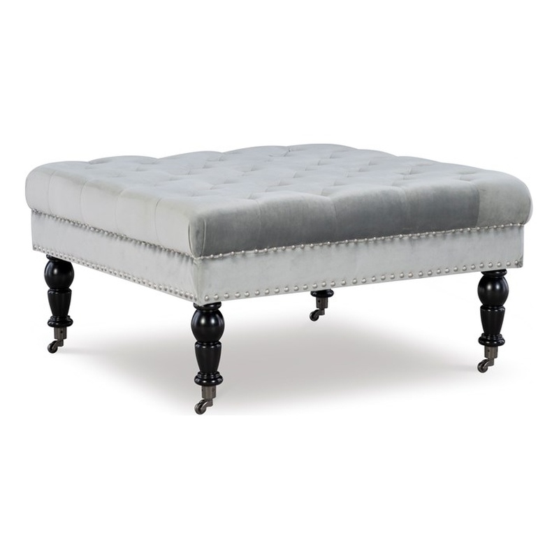 Linon Isabelle Square Upholstered Ottoman Black Legs in Light Gray Fabric