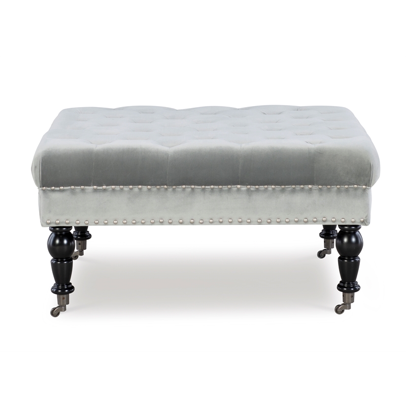 Linon Isabelle Square Upholstered Ottoman Black Legs in Light Gray Fabric