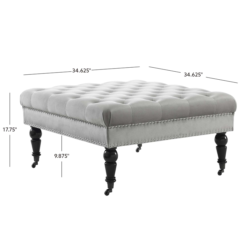 Linon Isabelle Square Upholstered Ottoman Black Legs in Light Gray Fabric
