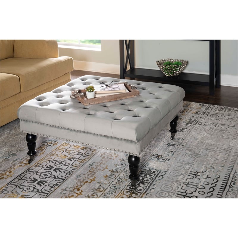 Linon Isabelle Square Upholstered Ottoman Black Legs in Light Gray Fabric