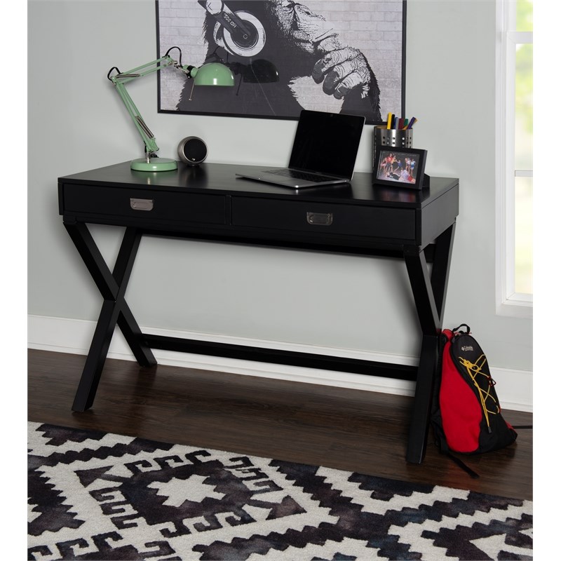 Linon Peggy Two Drawer Writing Desk with X Frame Legs in Black Painted Wood