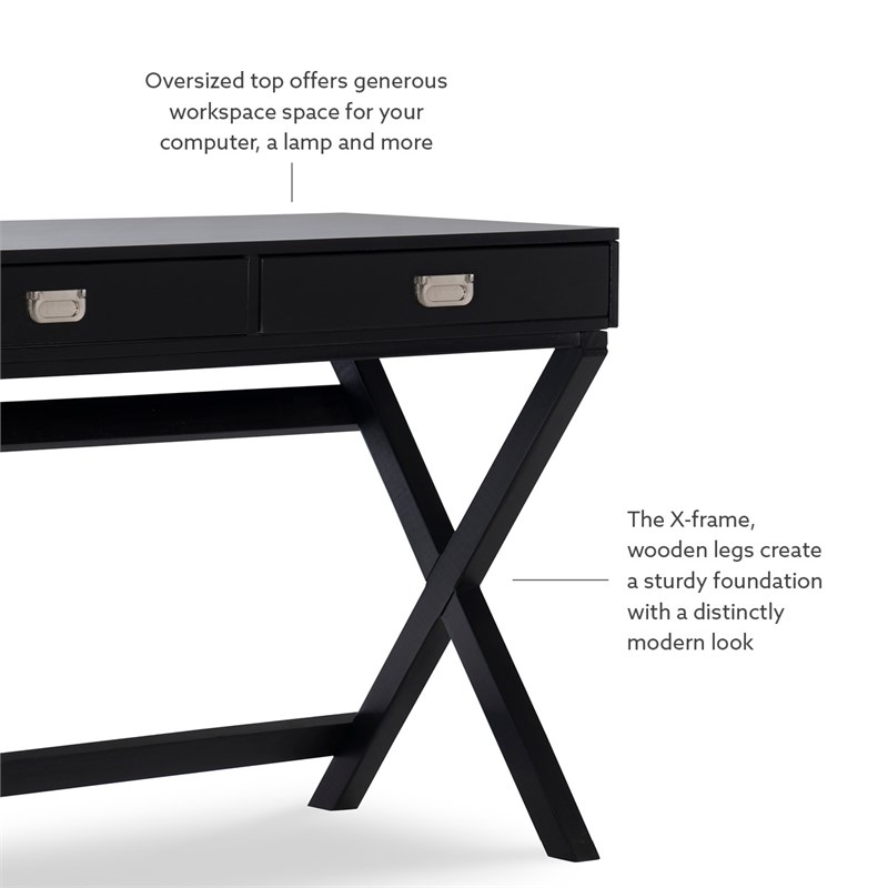 Linon Peggy Two Drawer Writing Desk with X Frame Legs in Black Painted Wood