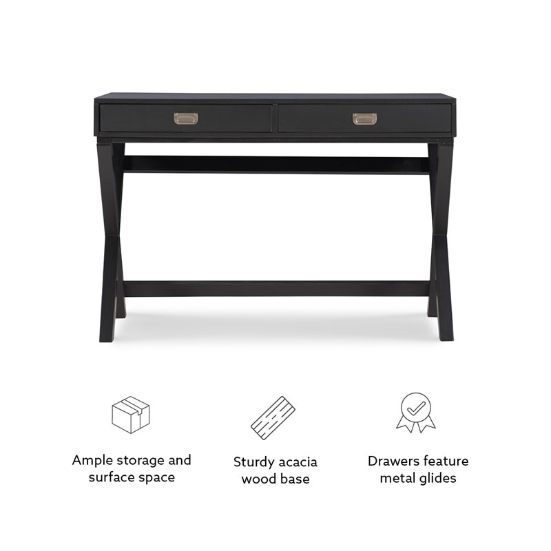 Linon Peggy Two Drawer Writing Desk with X Frame Legs in Black Painted Wood