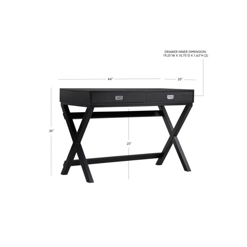 Linon Peggy Two Drawer Writing Desk with X Frame Legs in Black Painted Wood