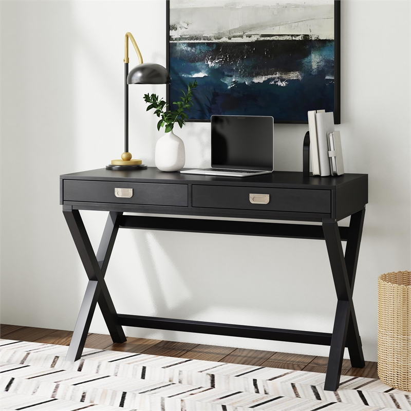 Linon Peggy Two Drawer Writing Desk with X Frame Legs in Black Painted Wood