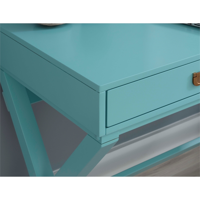 Linon Peggy Two Drawer Writing Desk with X Frame in Blue Painted Wood