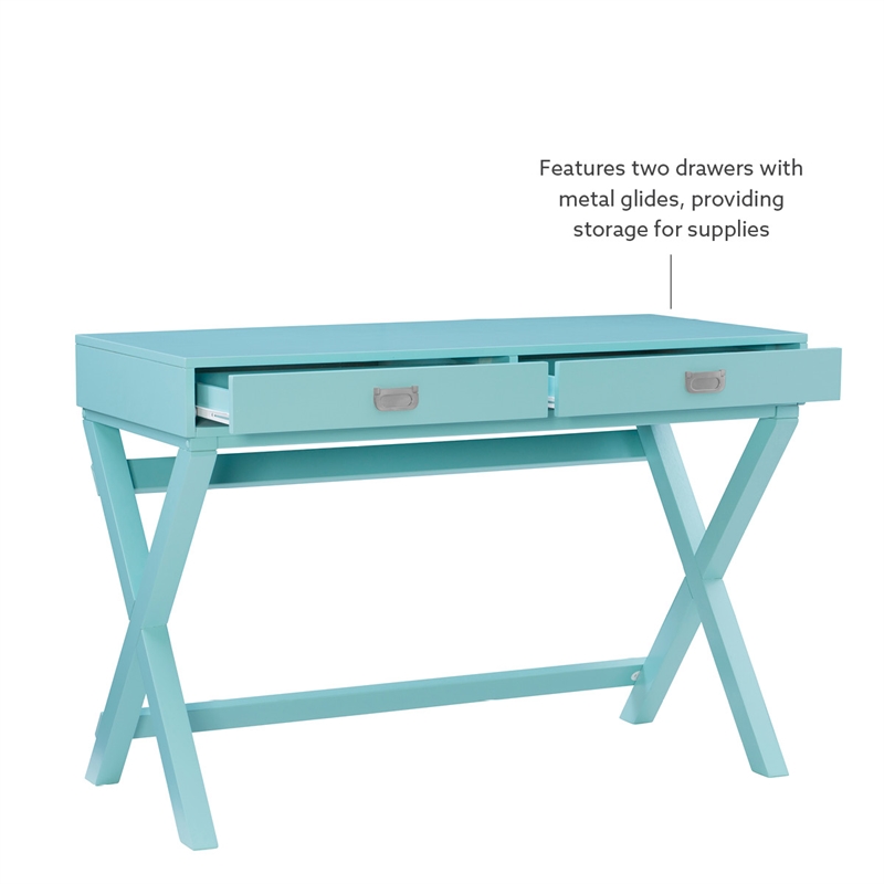 Linon Peggy Two Drawer Writing Desk with X Frame in Blue Painted Wood