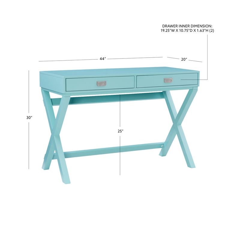 Linon Peggy Two Drawer Writing Desk with X Frame in Blue Painted Wood