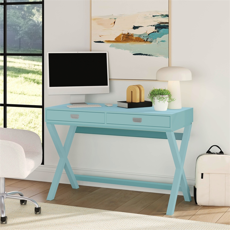 Linon Peggy Two Drawer Writing Desk with X Frame in Blue Painted Wood