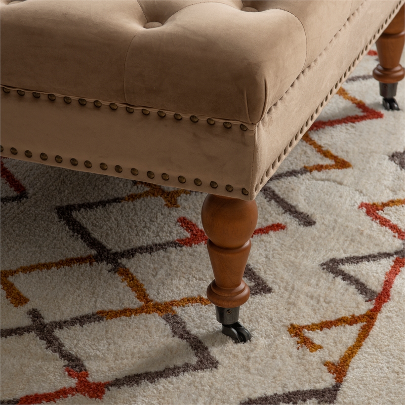 Linon Isabelle Square Tufted Upholstered Ottoman Wood Legs in Soft Tan Fabric