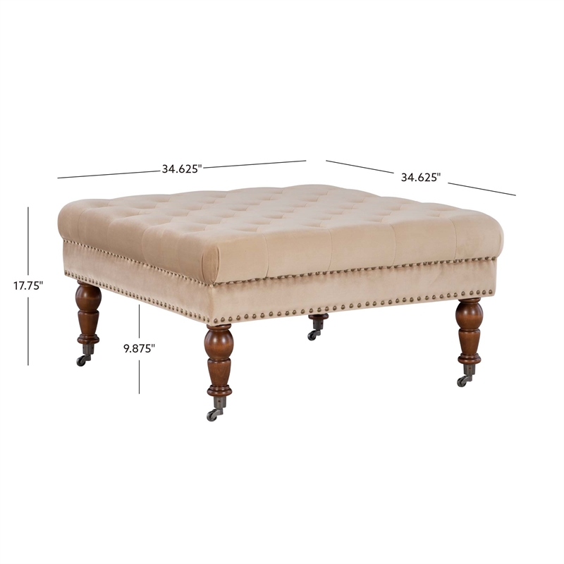 Linon Isabelle Square Tufted Upholstered Ottoman Wood Legs in Soft Tan Fabric