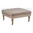 Linon Isabelle Square Tufted Upholstered Ottoman Wood Legs in Soft Tan Fabric