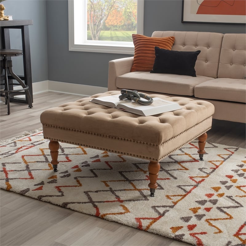 Linon Isabelle Square Tufted Upholstered Ottoman Wood Legs in Soft Tan Fabric
