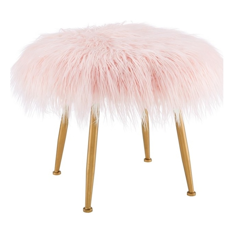 Linon Addy Faux Fur Metal Upholstered Stool in Pink