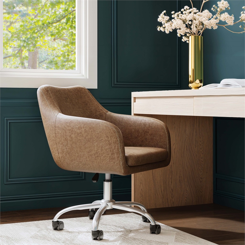 Linon Colton Upholstered Office Chair with Wheels in Vintage Brown Faux Leather