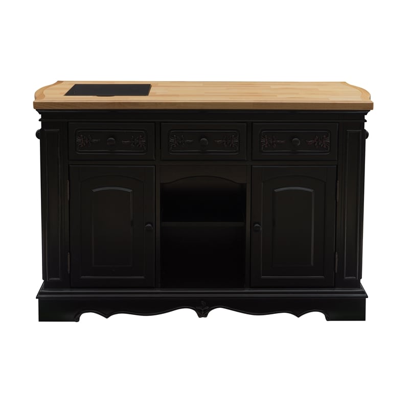 Linon Pennfield Kitchen Island Natural Top Ample Storage in Black Wood Base