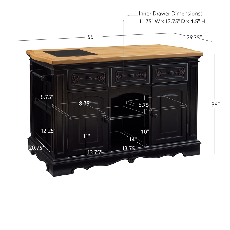 Linon Pennfield 3Shelf Wood Kitchen Island with Granite Top in Black