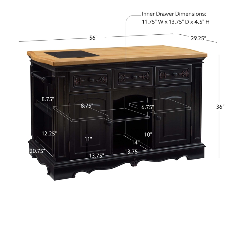 Linon Pennfield 3Shelf Wood Kitchen Island with Granite Top in Black
