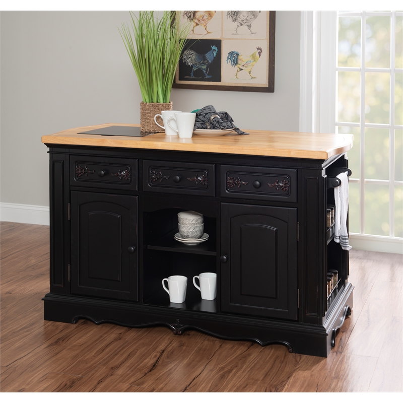 Linon Pennfield Kitchen Island Natural Top Ample Storage in Black Wood Base